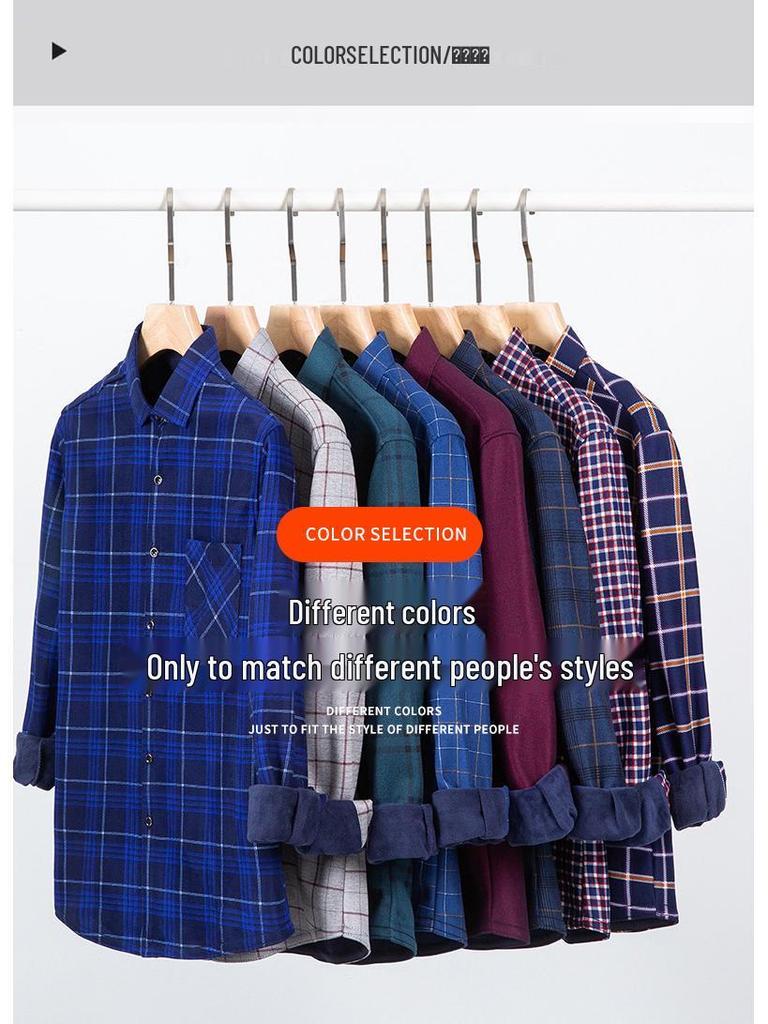 Men's Double-Sided Fleece-Lined Long-Sleeve Shirt for Autumn and Winter