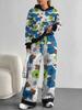 European, American autumn and winter blue splicing flower casual long-sleeved suit women's hooded sweater trousers two-piece set