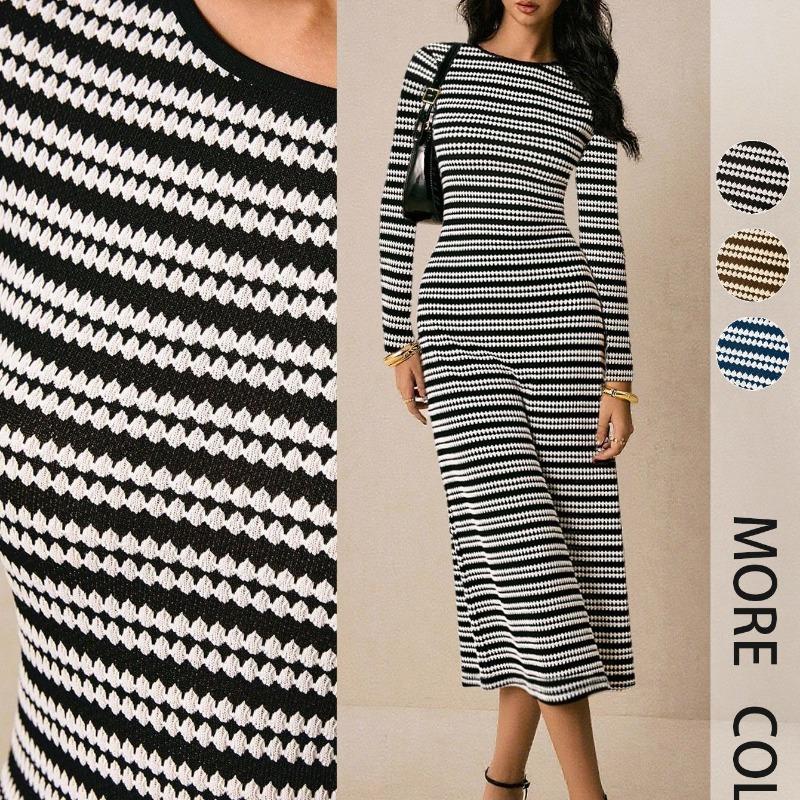 Striped Knee-length Long Dress, Long-sleeved Round-neck Thickened Knitted Dress, Slimming Long Dress