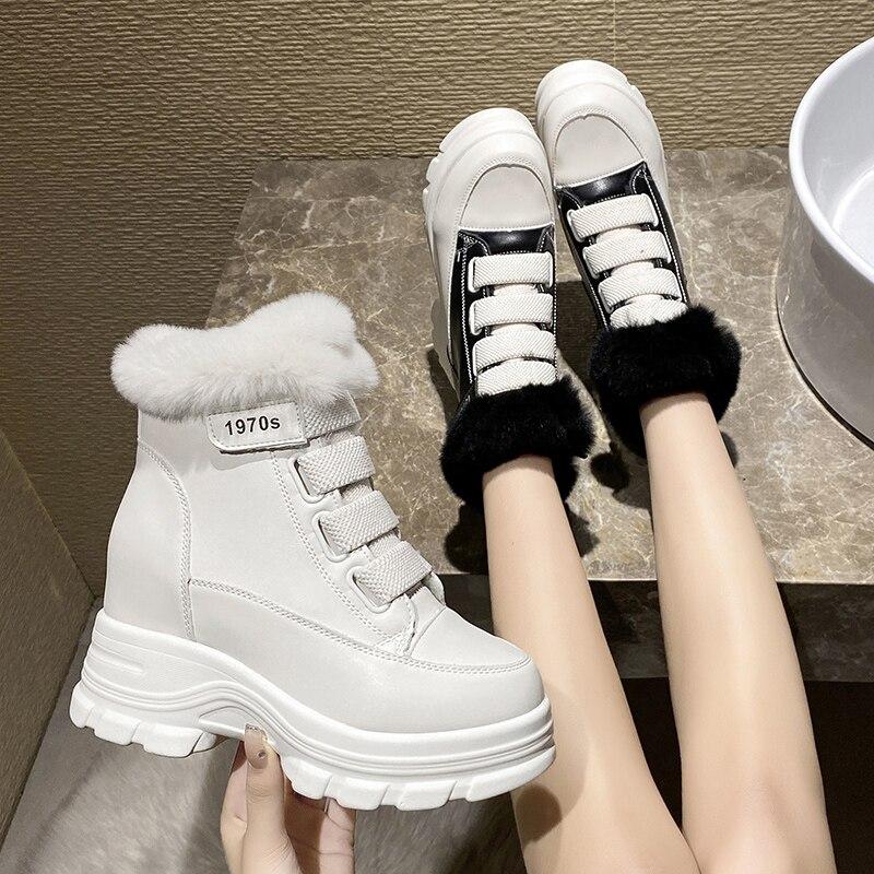 Women's Fur Snow Boots Winter Thick Bottom Short Boots 7cm Heels Round Toe Warm Plush Platform Boots Fashion Causal Ankle Boots