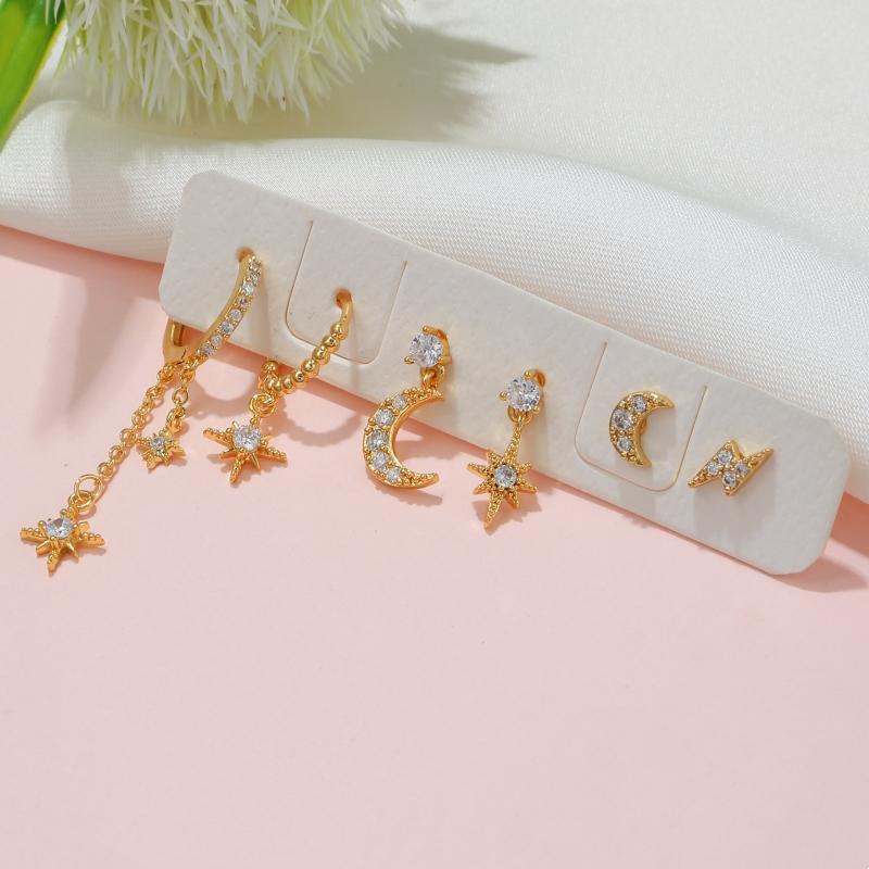 Design Stainless Steel Cubic Zirconia Chain Hoop Earring For Women Star Moon Pendant Punk Cartilage Piercing Jewelry