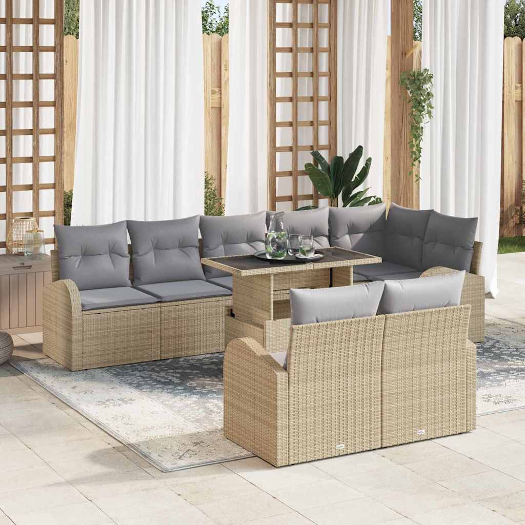 9 Piece Beige Garden Sofa Set with Cushions and Storage