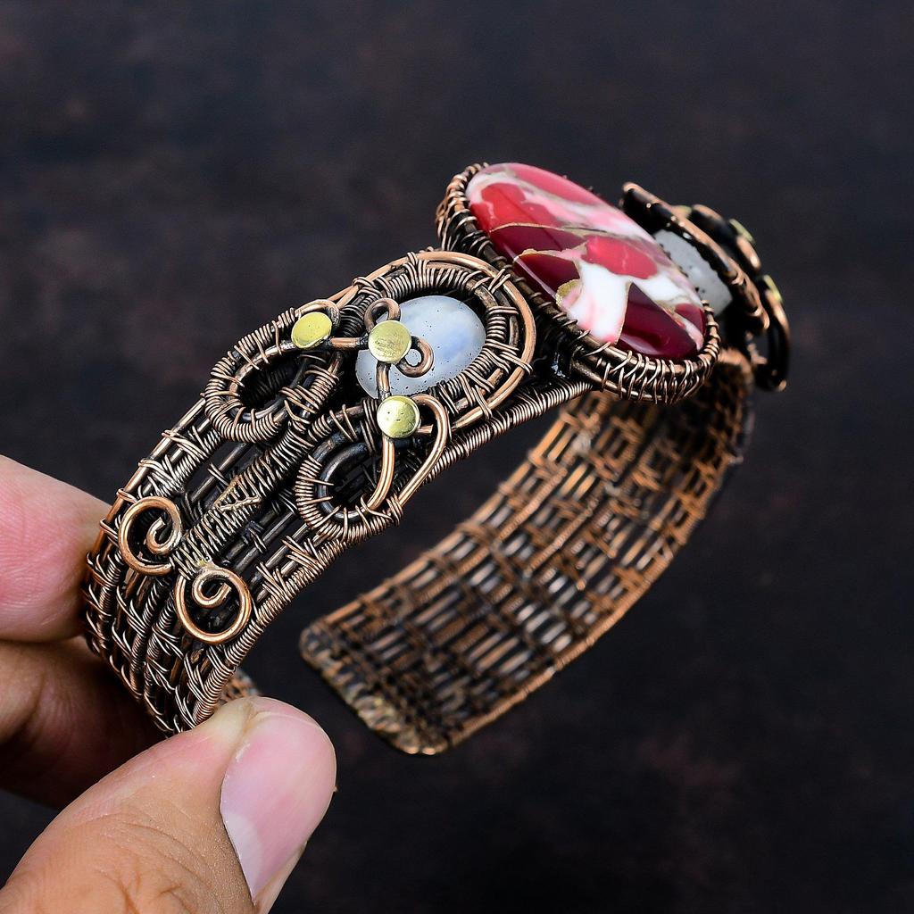 Kingman red mohave copper turquoise cuff bracelet copper wire wrapped adjustable bangle rainbow moonstone gemstone bangle handmade jewelry