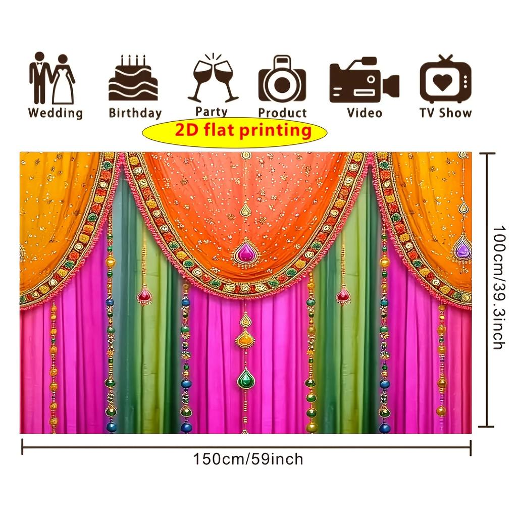 2D flat banner 1pc with an energetic Indian traditional theme background featuring colorful pink orange and green curtains
