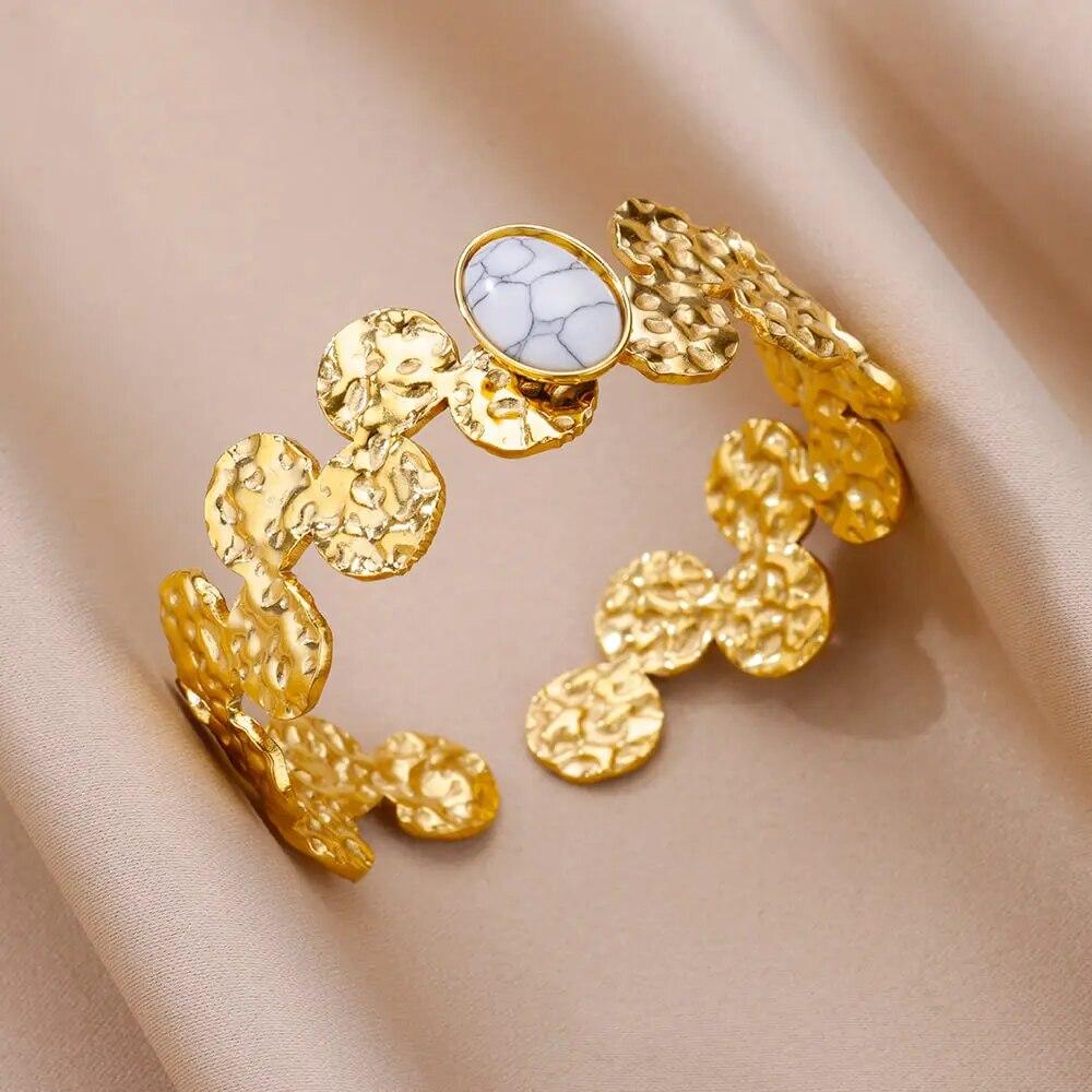 Artificial Green Stone Stainless Steel Cuff Bracelet for Women Gold Color Bangle Bracelets Female Vintage Jewelry Accessories