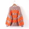 European Color Block Wave Pattern Chunky Knit Lantern Sleeve Cardigan for Autumn/Winter Women.