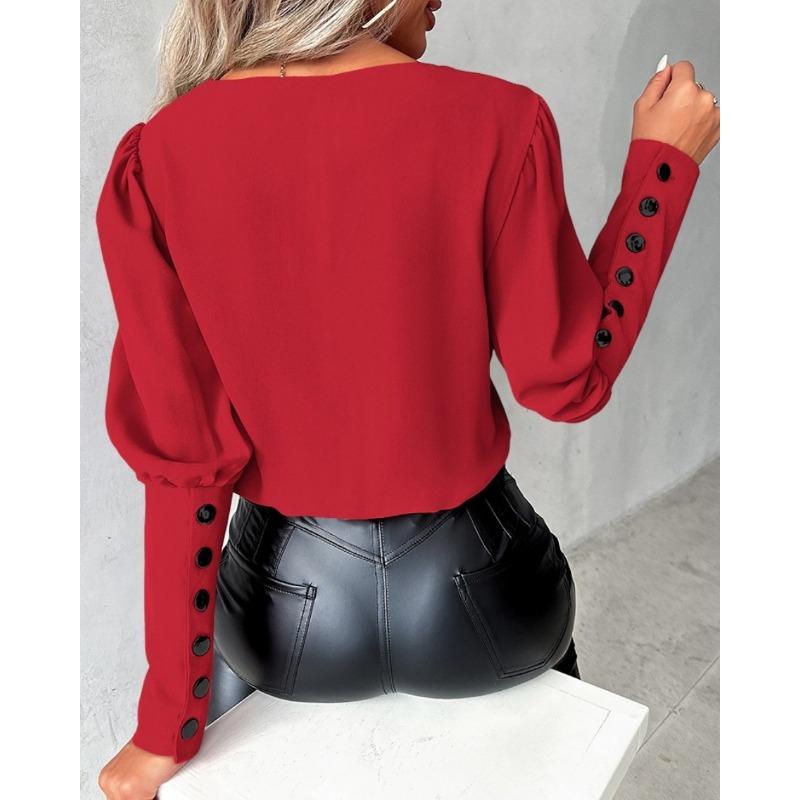 V-neck Long Sleeve Buttons Loose Women Blouse Spring Autumn Fashion Office Shirt Casual Color Patchwork Fashion Elegant Simple Streetwear Vintage Tops