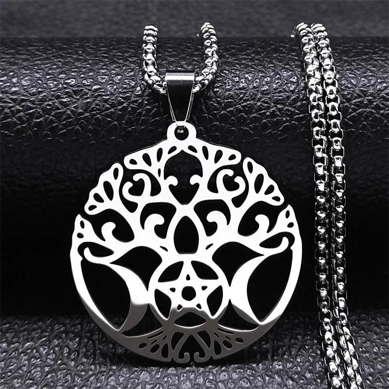 Witch Triple Moon Goddess Luna Necklace for Women Men Stainless Steel Silver Color Amulet Hecate Chain Jewelry Collier N9736S02