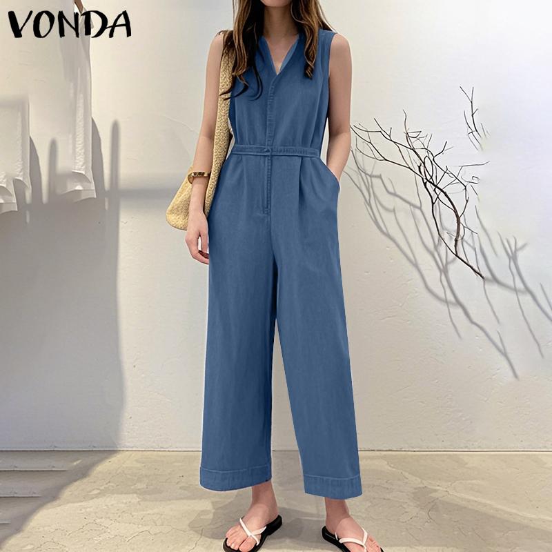 VONDA Damskie Letnie Bez Rękawów Zapinane na Zamek Dżinsowe Niebieskie z Paskiem w Talii Długie Kombinezony Ogrodniczki