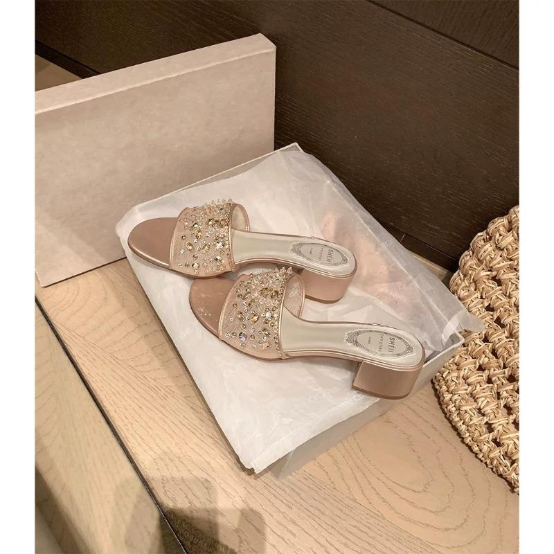 

Хрустальные туфли Женские сетчатые шлепанцы на толстом каблуке и туфли на высоком каблуке с ремешком 40 шампанского/розовый