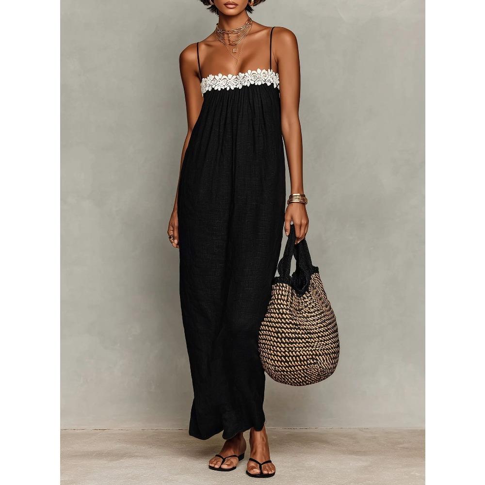 Women s Spaghetti Strap Maxi Dress with Lace Trim Loose Casual Sleeveless Long Dress S