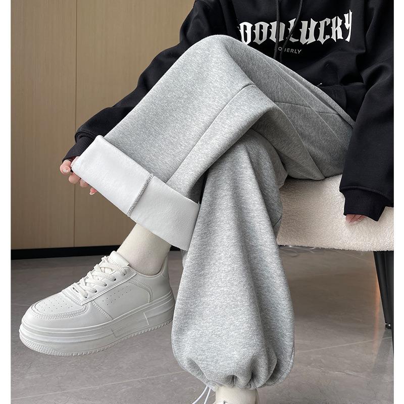 Gray sweatpants women's pants spring and autumn new loose casual wide-leg pants autumn and winter fleece thickened sweatpants