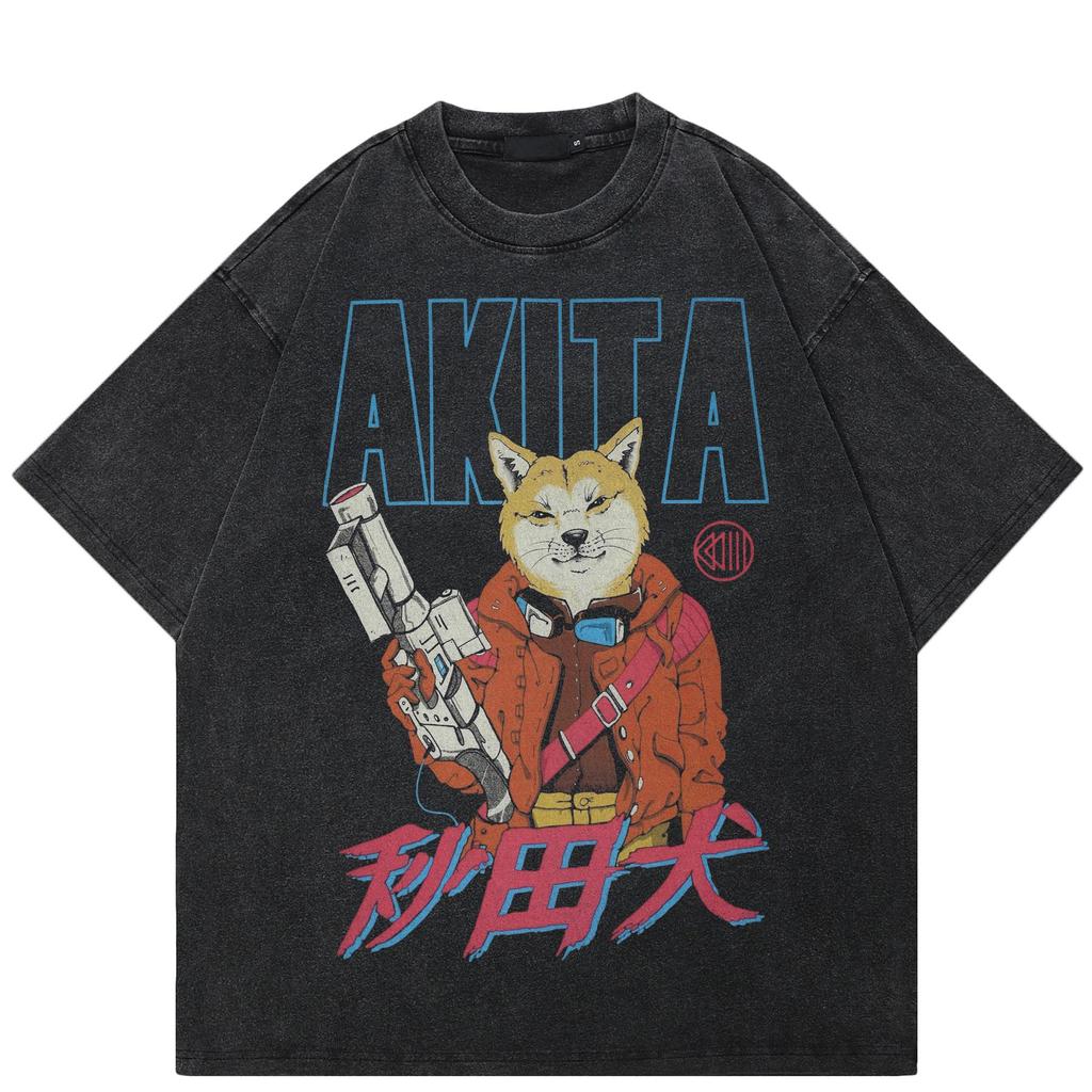 2024 Streetwear Japanese Akita Graphic Unisex T-Shirt Cotton Washed Black Tshirt Unisex Tops Tees Summer Short Sleeves T Shirt