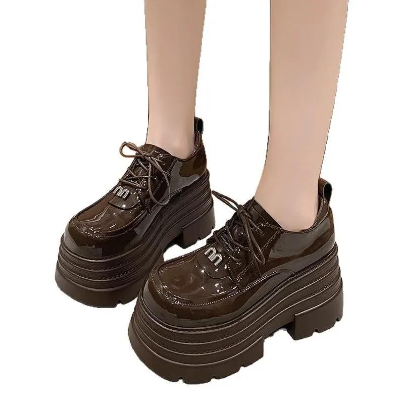 High Quality Coarse Heeled Small Leather Shoes with A British Style for Women Spring 2026 New Height Increasing Lace Up Loafers