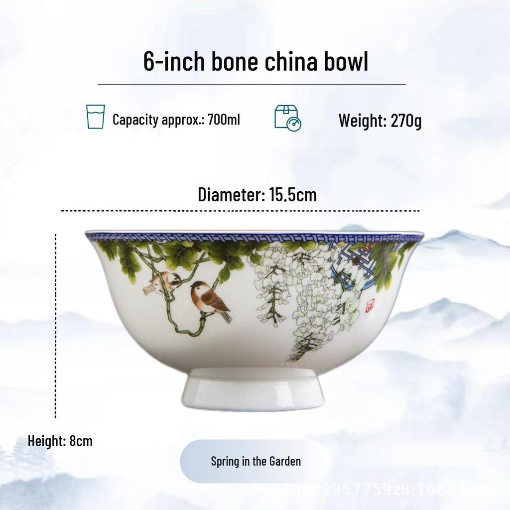 Blue and White High-Foot Bone China Noodle Bowl - Chinese-Style, Anti-Scald, Customizable for Birthdays