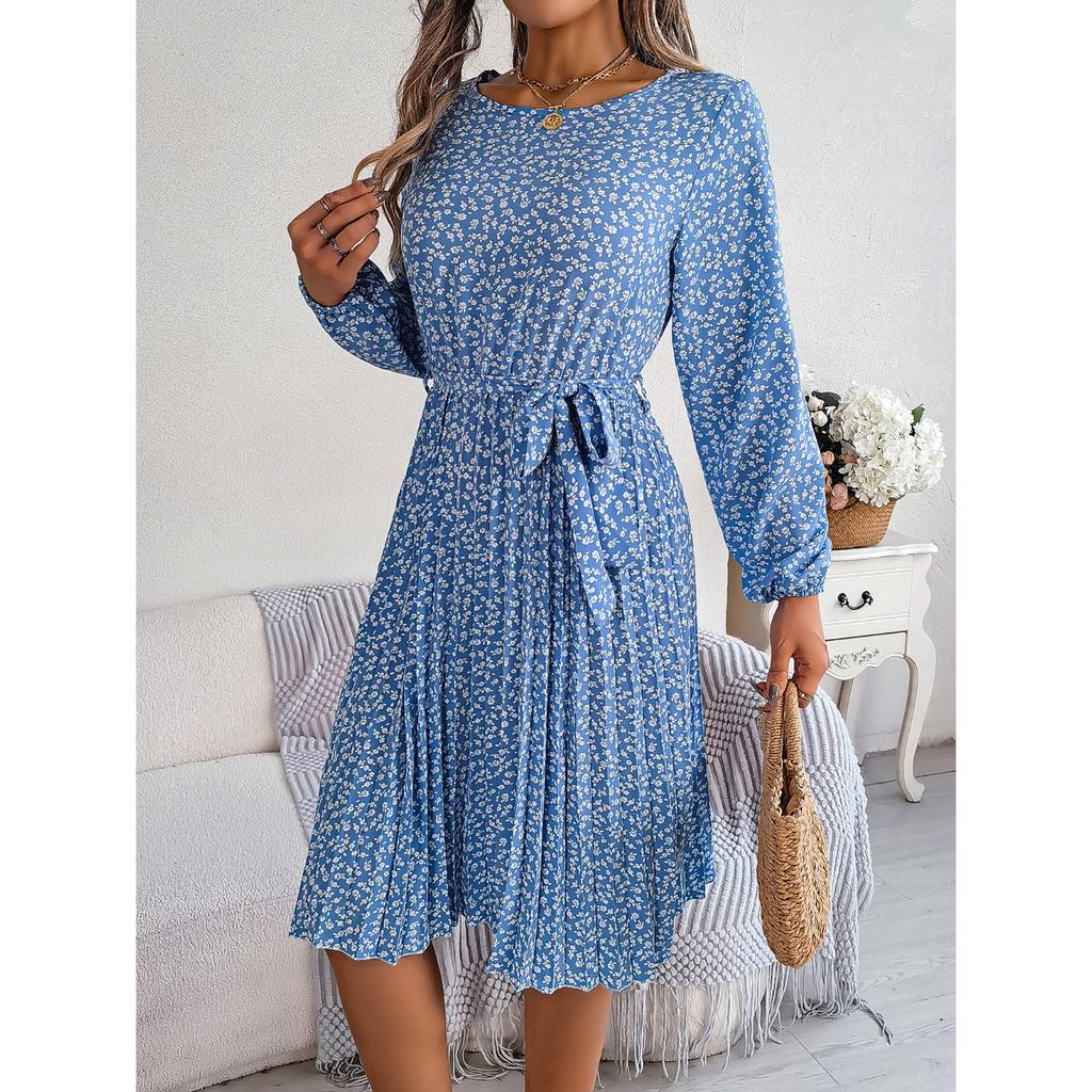 HNXC Autumn and Winter Casual Long-sleeved Floral Pleated Skirt Women's Wear