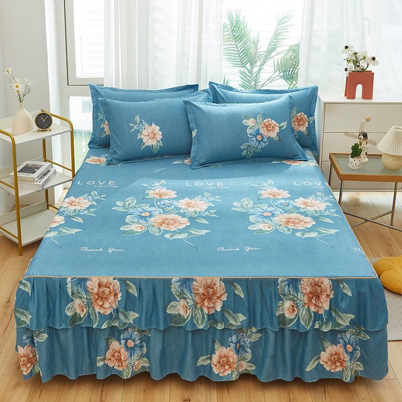 3pcs Modern Korean Floral Bed Skirt Set with Lotus Leaf Embellishments and Princess Floral Pattern, All-Season Brushed Light Beige-Friendly Bedding