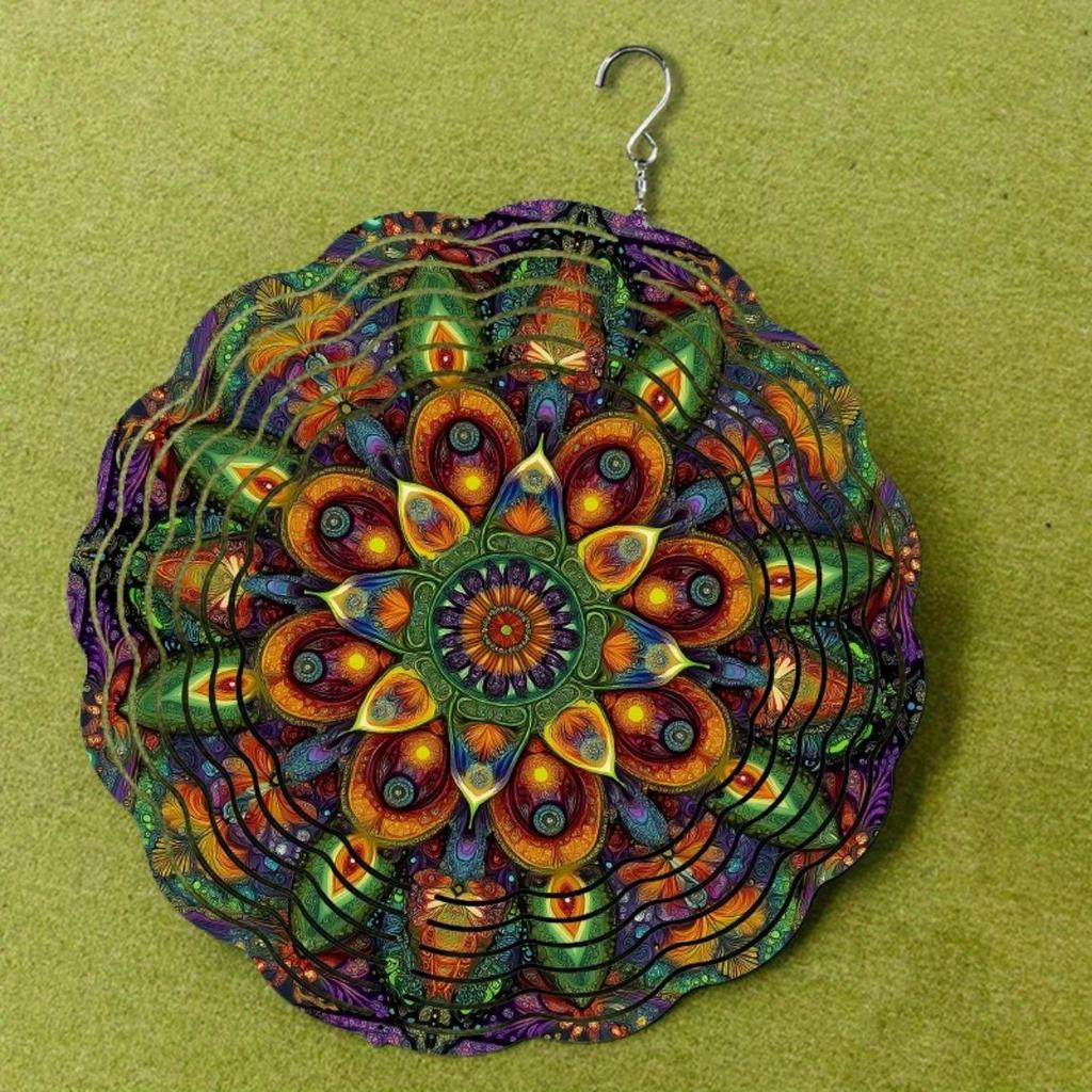 Bohemian Style Metal Wind Spinner 10 Inch Vibrant Garden Decor with 360 Swivel Hook Mandala Design for Patio Porch Yard Outdoor