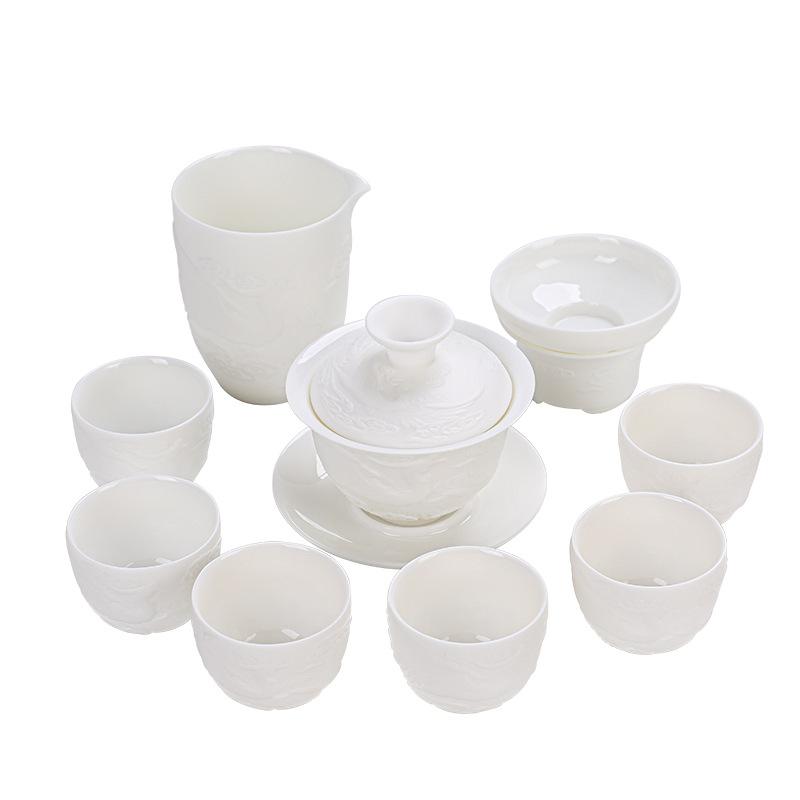 Dehua Kung Fu Tea Set Embossed Suet Jade Ceramic Tea Set Business Gifts