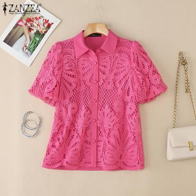 Women Turn Down Collar Short Sleeve Hollow Crochet Patchwork Blouse