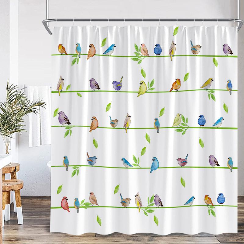 Colorful Bird Shower Curtain Green Leaves Birds On Tree Branch Bathroom Decorative Polyester Fabric Bath Curtains Set With Hooks
