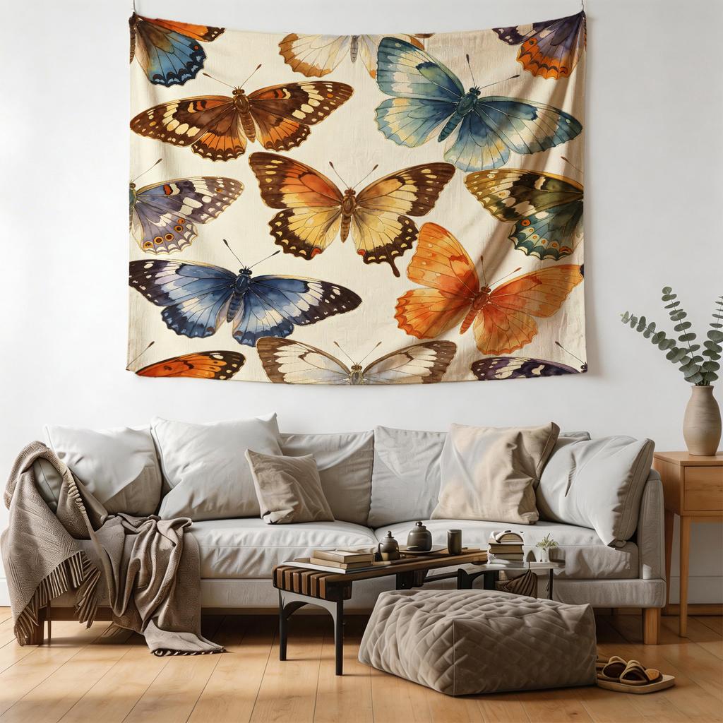 Watercolor Butterfly Print Tapestry, Bohemian Style Wall Hanging, Decorative Backdrop For Bedroom & Dorm, Room Makeover Gift