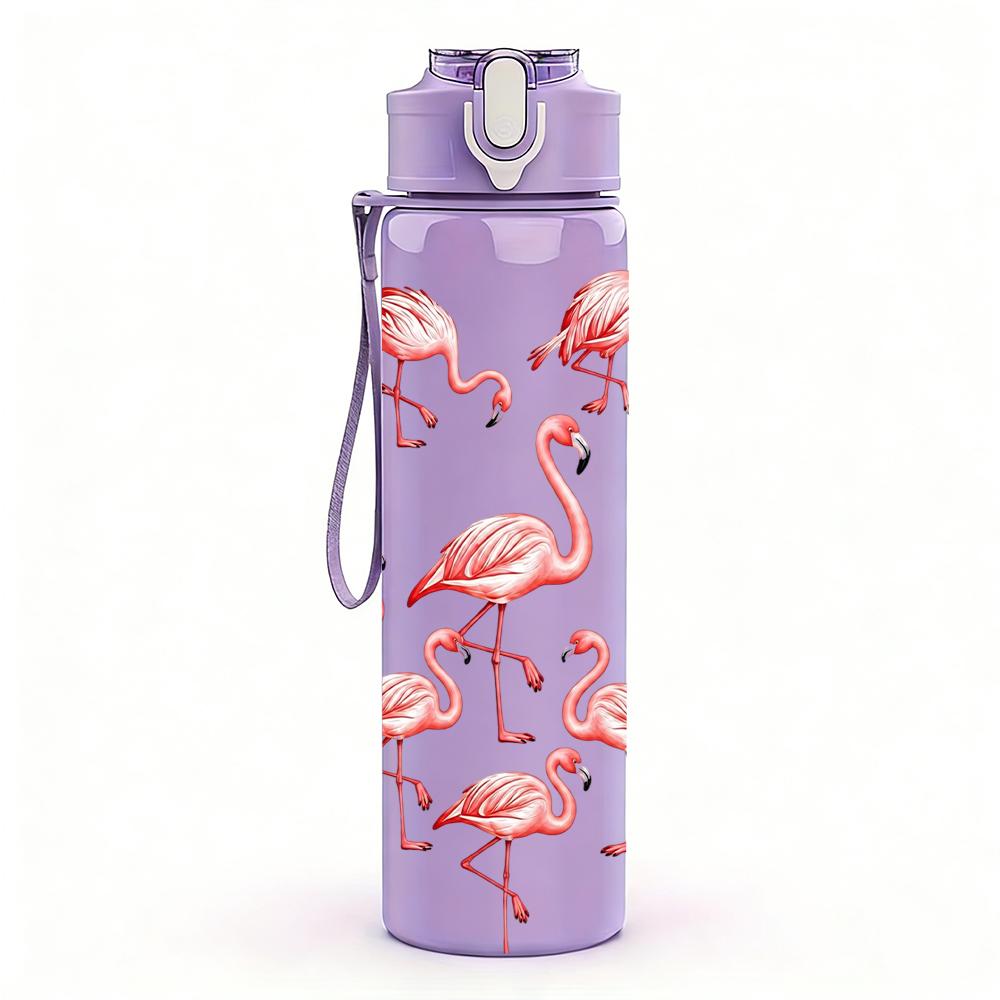 1 Stück Flamingo-Gruppe Herzform 750ml Farbe Kunststoff Sport-Wasserflasche Auslaufsicher Klappdeckel mit Strohhalm Geeignet für Sport, Büro, Heimgebrauch