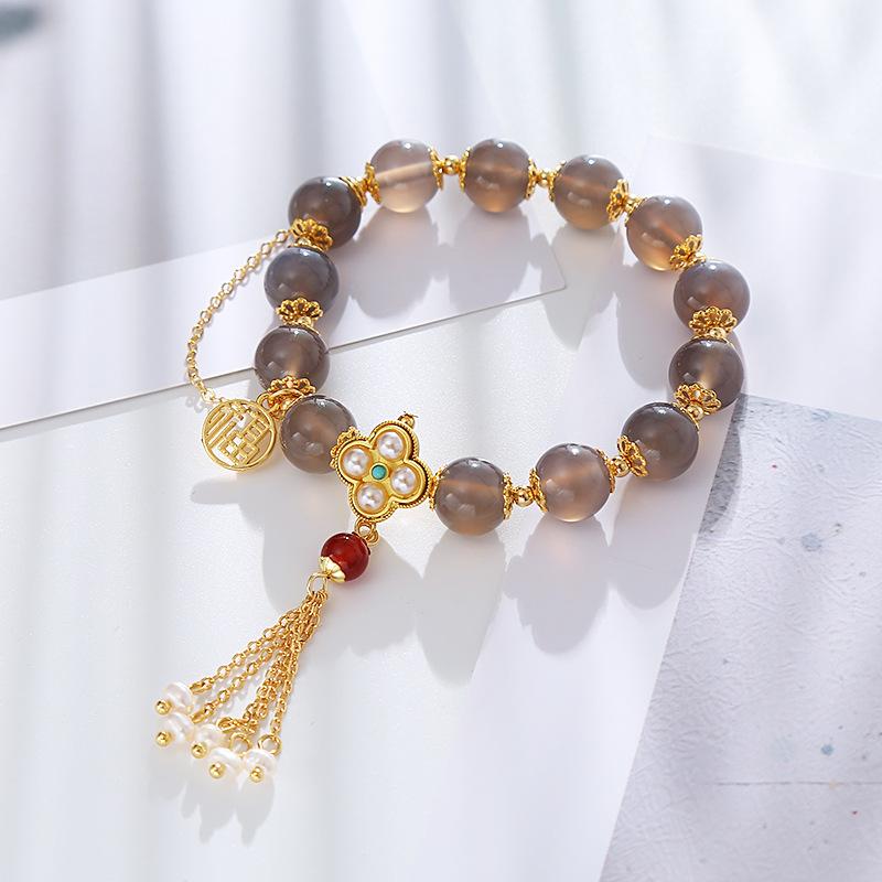 Natural Gray Agate Round Bead Red Agate Pearl Fringed Bracelet Fashion Women Daily Jewelry Lucky Gift
