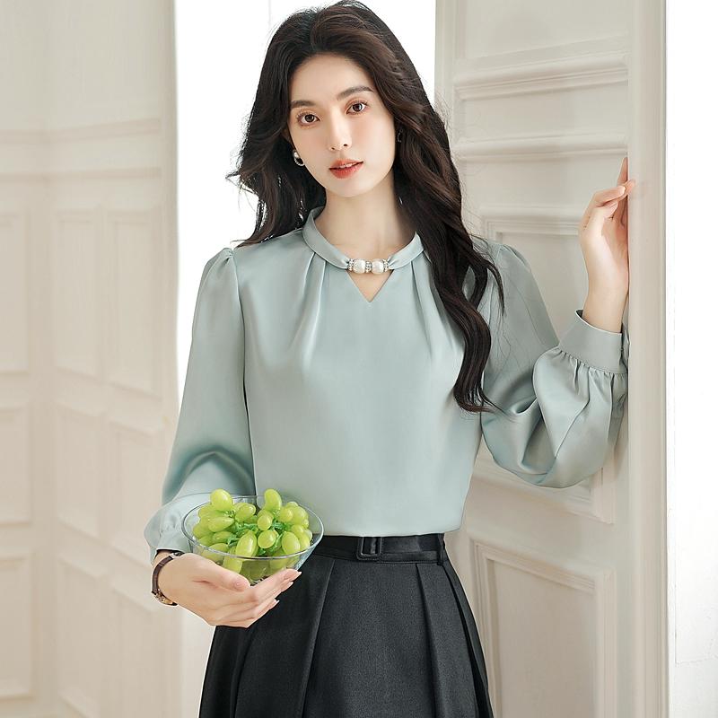 New Fashion Autumn Long Sleeve Beading O-Neck Casual Chiffon Blouse Shirt Women Tops Blouses Shirts J418