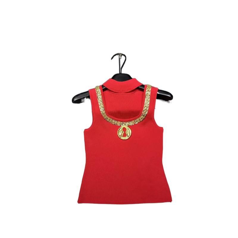 European Style Knit Halter Neck Vest with Metal Accessories - Slimming, Short, and Versatile