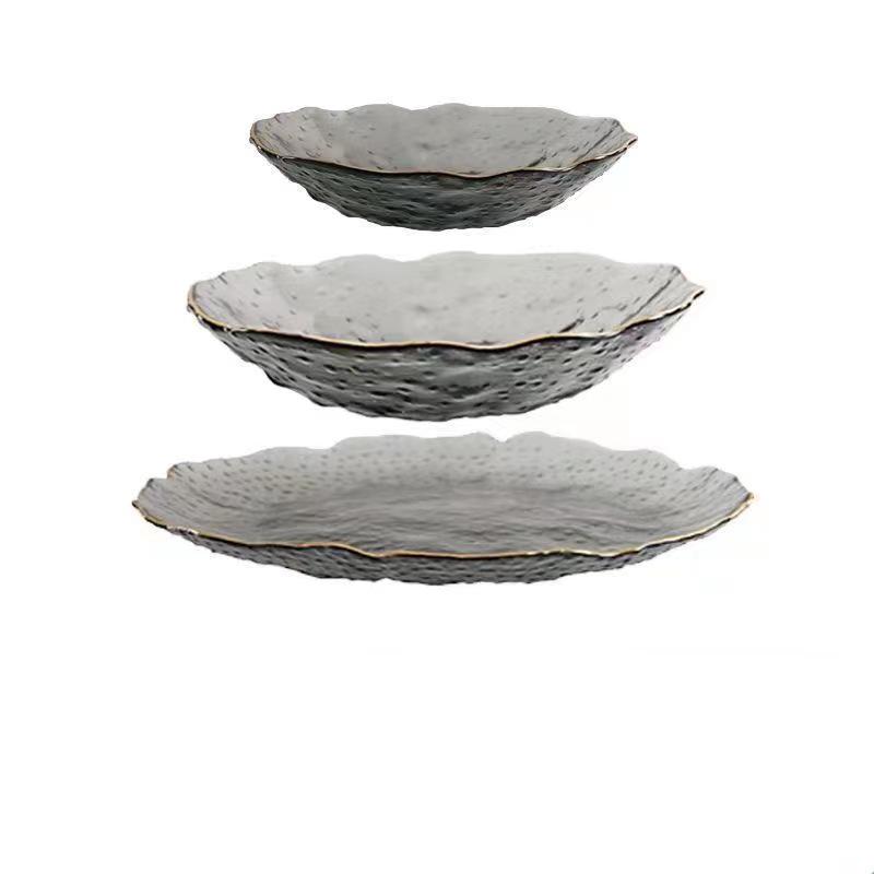 Artisan Japanese Glass Plate: Gold-Edged, Hand-Painted, Irregular Design for Western Cuisine, Fruits & Salads.