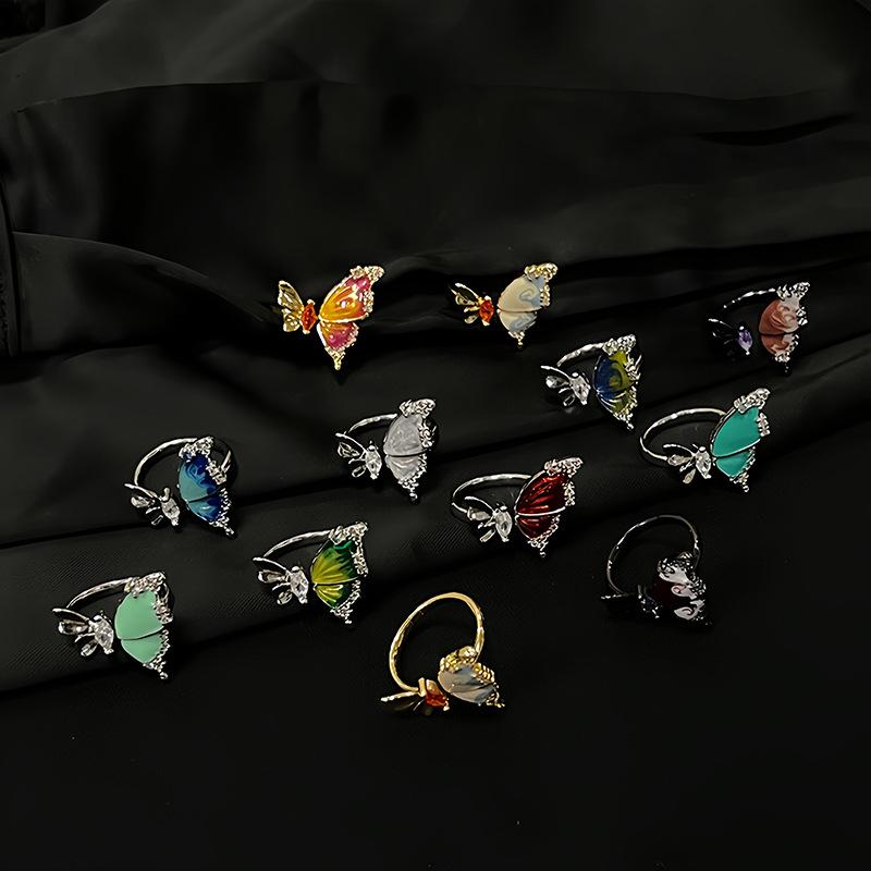 Enamel Decorative Butterfly Series Open Ring Women'S Niche Design High-End Broken Diamond Personalized Ring