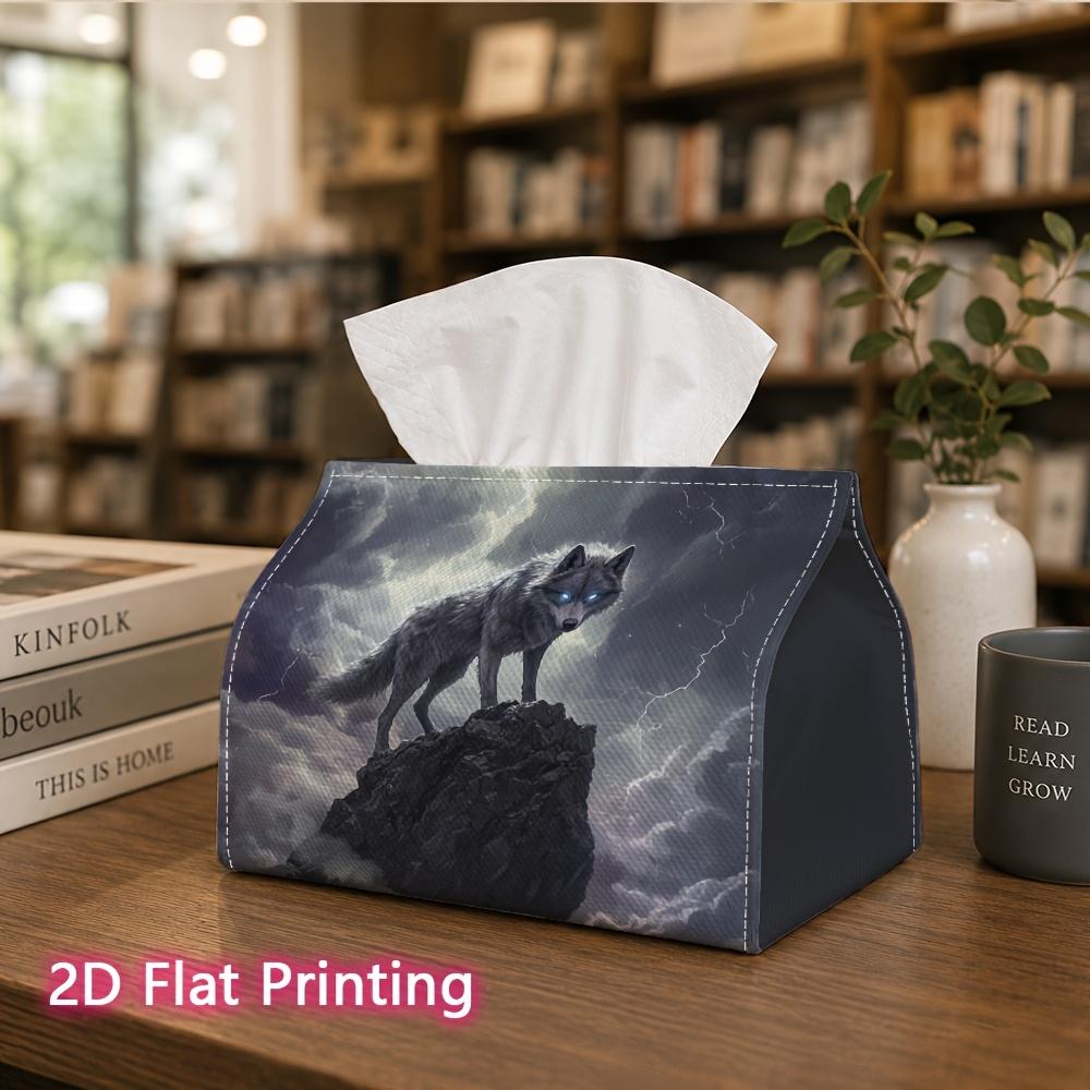 1pc, 2D Flat Printing, Tissue Box with Wolf Pattern on Rocks Printed Tissue Box, Suitable for Bathrooms, Living Rooms, Bedrooms, Dressing Tables, Coff