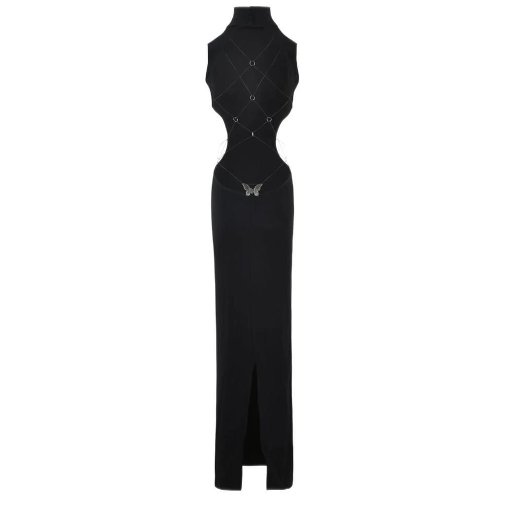 IAMGIA Spiderweb Bow Black Hollow-Out Sexy Slit Dress