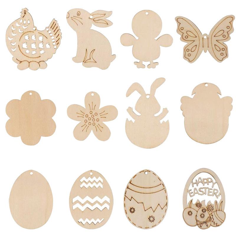 10pcs Wooden Rabbit Pendants Easter Egg Hanging Ornament For Happy Easter Home Party Decoration Kids DIY Painting Gifts Supply
