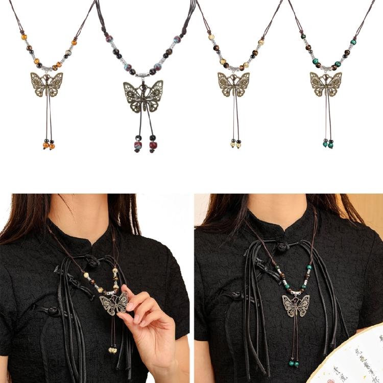 Beaded Butterfly Pendant Necklace Geometric Bead Clavicle Sweater Chain Jewelry