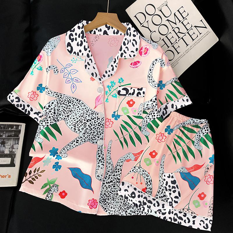 

Summer Plant Flower Pajamas Women S Ice Silk Short-Sleeved Shorts Leopard Silk Satin High-End Loungewear Set 2XL