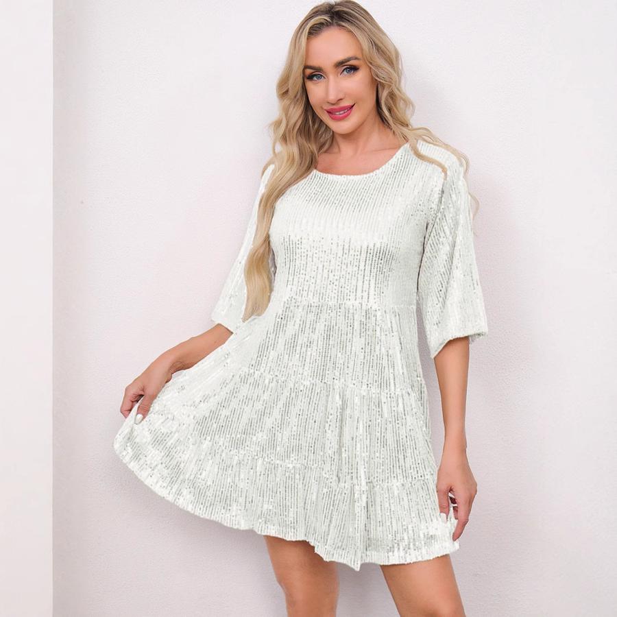 New Style Trendy Solid Loose Waist Short Sleeve Mini Dress Party Evening Sequined Gown