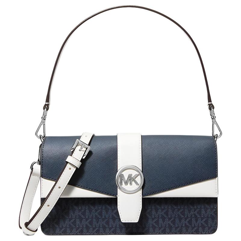 MICHAEL KORS Greenwich Signature Logo Faux Leather Crossbody Shoulder Bag Medium Women s Blue with White синий