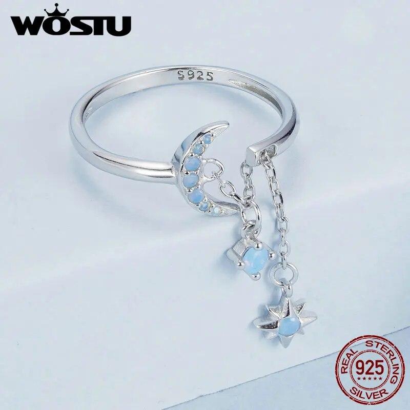 WOSTU 925 Sterling Silver Star and Moon Link Ring With Nano Opal For Women's Engagement & Proposal Parties Fine Jewelry Gifts