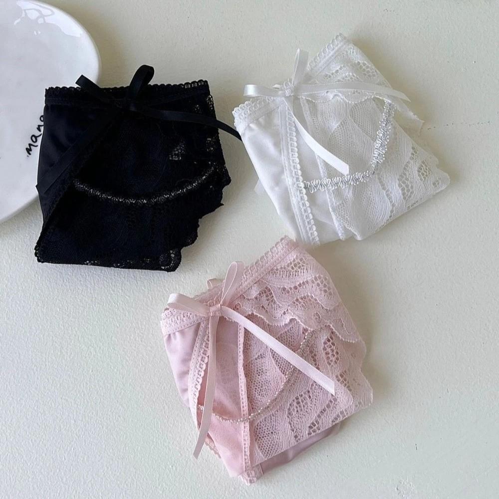 Bow Lace Flower Panties Transparent Women Underwear Sweet Lace Mesh Briefs Gifts