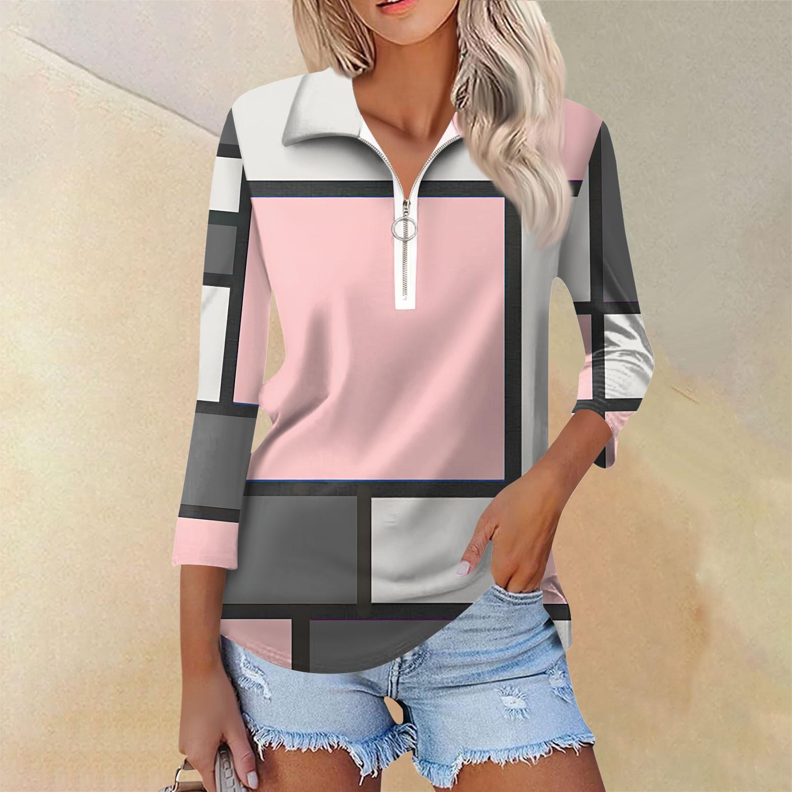 

Женская летняя модная повседневная рубашка с v-образным вырезом и семиточечным рукавом с принтом, топ L розовый