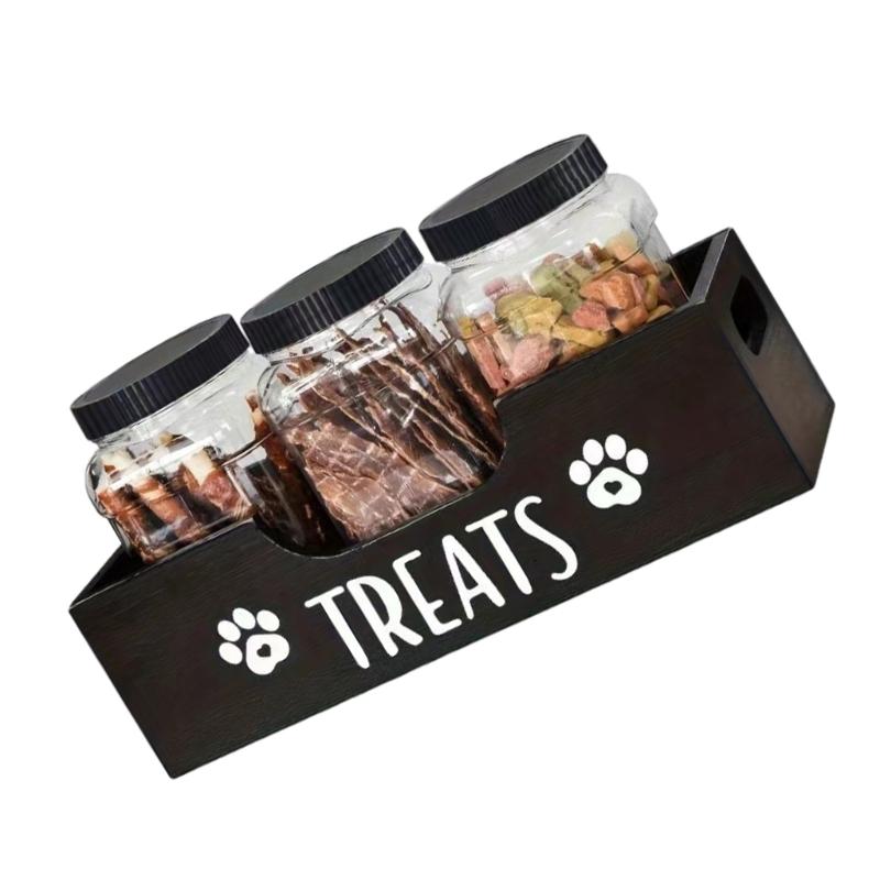 Pet Treat Storage Organizers Wooden Box 3 Sealed Jars Nonslip Base Storage Box