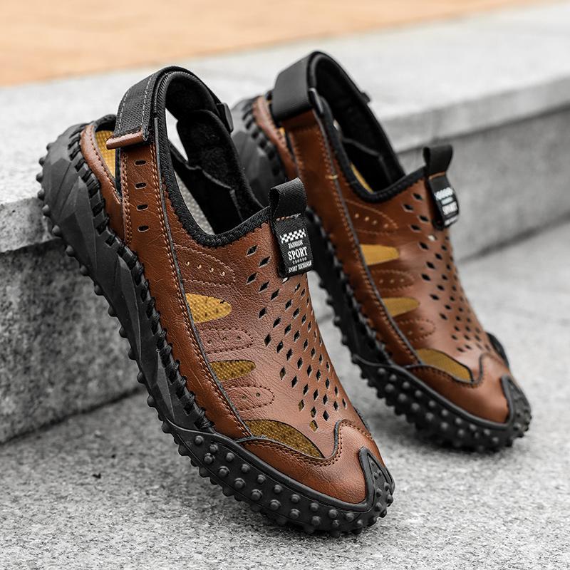 Kvėpuojantys, minkšti vyriški, natūralios odos rankiniu būdu susiuvami sandalai