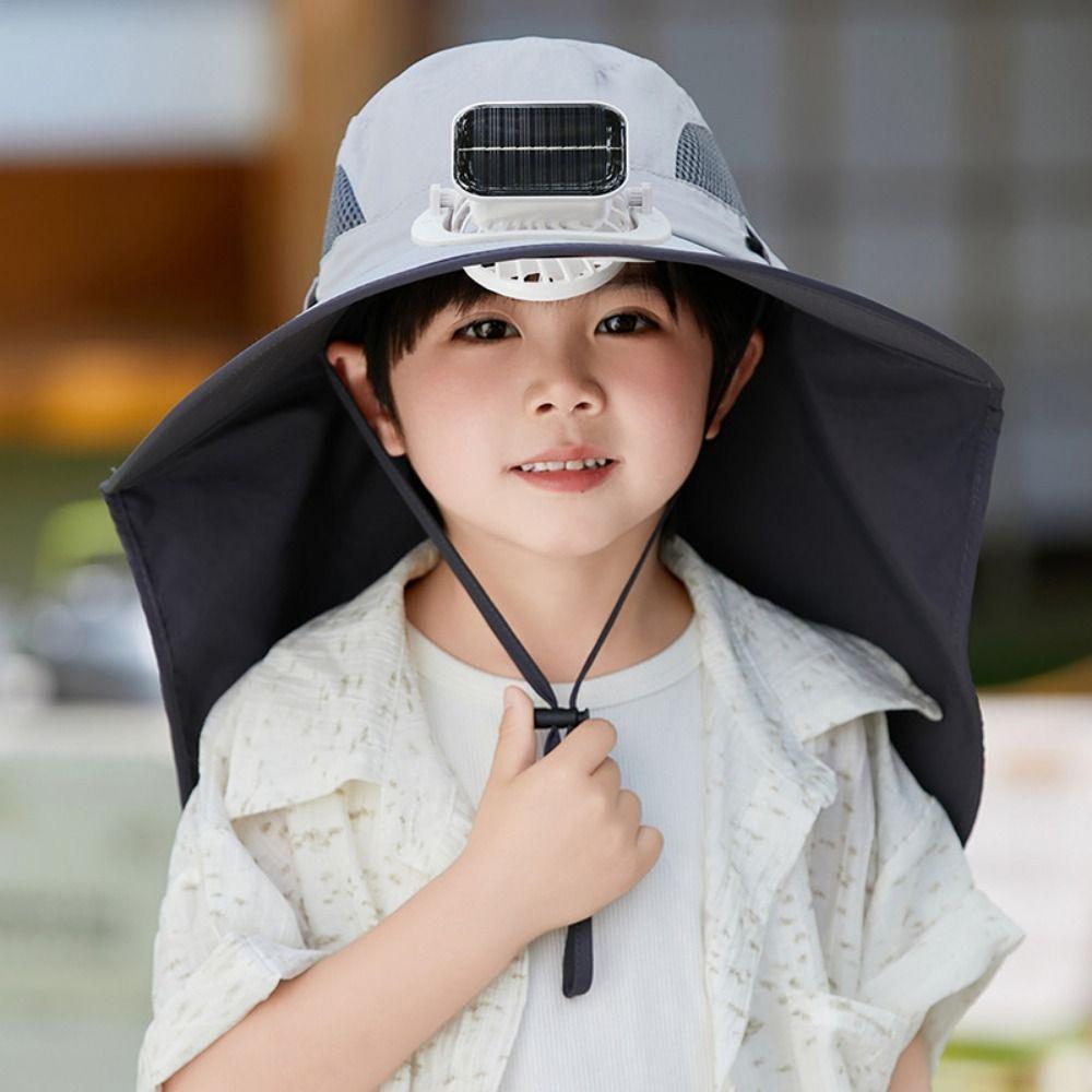 USB Charging Wide Brim Sun Cap Waterproof Sunshade Fan Cap Children's Solar Fan Hat  Hiking