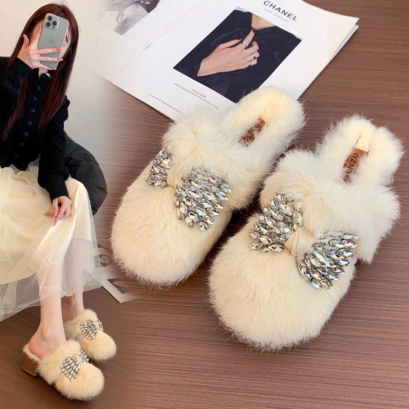 Autumn/Winter 2025 Women's Chunky Heel Furry Cotton Slippers - Mid-High Rabbit Fur Mule Shoes