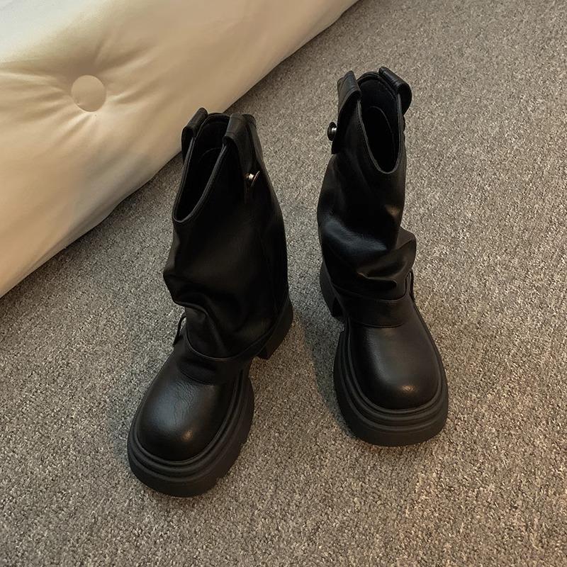 

Thick-soled medium boots women s 2024 new autumn niche trouser boots black stacking boots small slim short boots 35 чёрный