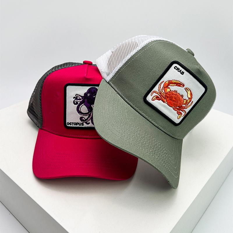 Neu Männer Frauen Farbblock Stickerei Cartoon Marine Tiere Baseball Hüte Persönliche Atmungsaktive Trucker Cap Mesh