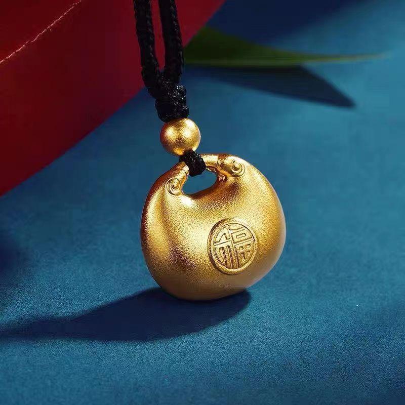 Vietnamese Sand Gold Eight Treasures Luopan Necklace with Fu Pendant, Gold Braided Rope, Unisex Ancient Craftsmanship Sweater Chain