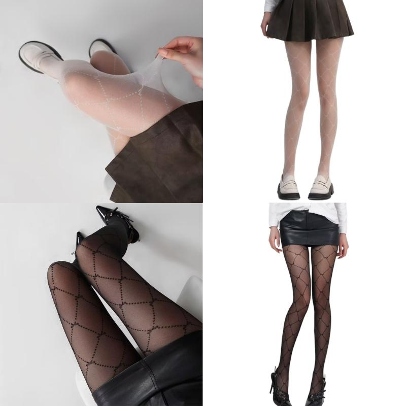 Women's Elegant Japanese Style Sheer Silk Pantyhose Stockings Aesthetic Argyle Bowknot Pattern Tights Summer Leggings